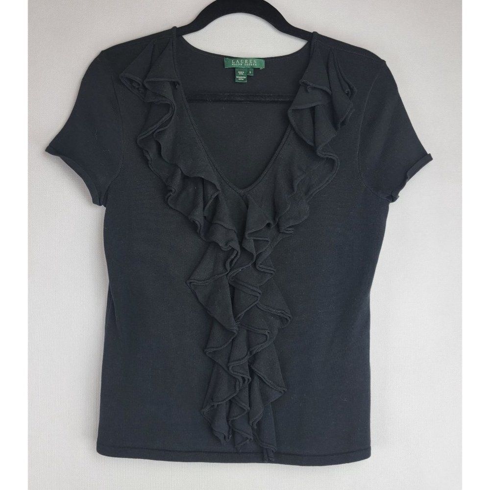 Lauren Ralph Lauren Womens Size Small Black Frills V-Neck Cotton Short Sleeve Bl
